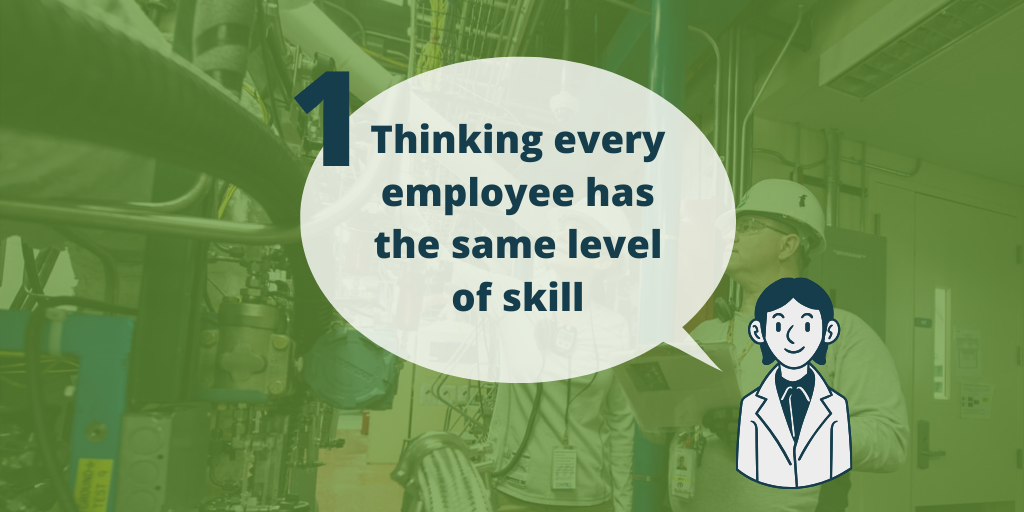 Point One Image with green background and icon of a character who has a text bubble saying "Thinking every employee has the same skill level"